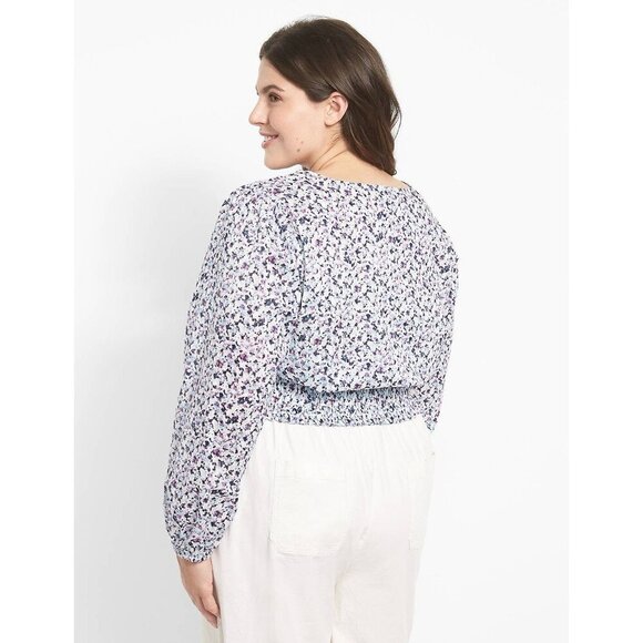 Lane Bryant Crop Top Women's 20 Boho Floral Smocked V-Neck Long Sleeve Blouse - Picture 2 of 16